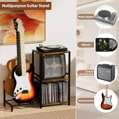 YAKANJ End Table with Guitar Stand and Vinyl Record Storage - Brown