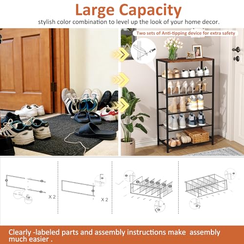 Rustic Brown 6-Tier Shoe Rack - Narrow Industrial Shoe Organizer for Closet Entryway