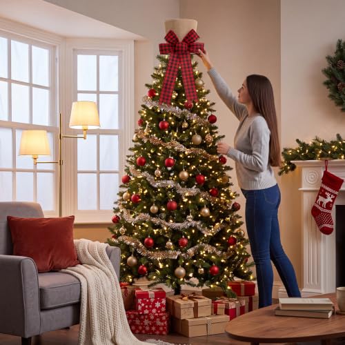 Syhood Christmas Tree Topper Hat – Large Checkered Red & Black Buffalo Plaid Bow, 7.5"H 10"W