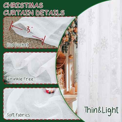 BGment Christmas Curtains for Living Room 84 Inches Long 2 Panels - Snowflake Linen Look Sheer White Curtains Rod Pocket Window Drapes for Bedroom Xmas Holiday Decoration, Each Panel 52 x 84 Inch