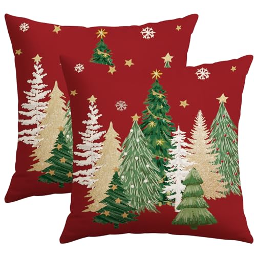 Artscope Christmas Tree Throw Pillow Covers 18x18 Inch Set of 2, Winter Hoilday Christmas Decoration Pillow Cases for Home Decor-Red