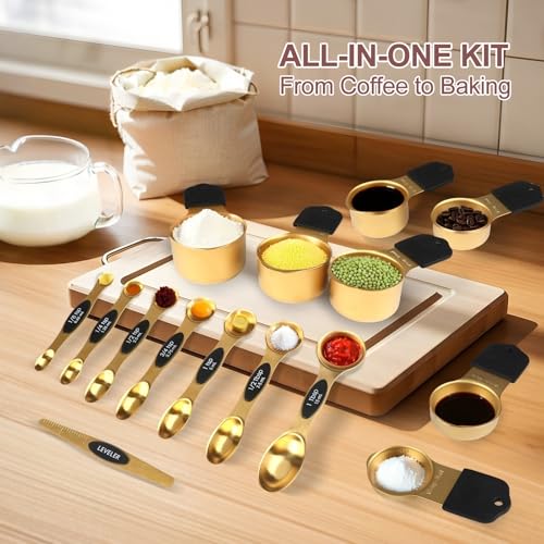 FONYA 16-Piece Magnetic Measuring Cups & Spoons Set - Gold, Stainless Steel