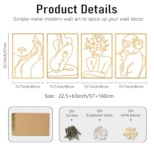 Bakovity Gold Metal Abstract Wall Art Set 22.5 x 15.7 in - Floral Minimalist Line Decor for Bedroom & Living Room