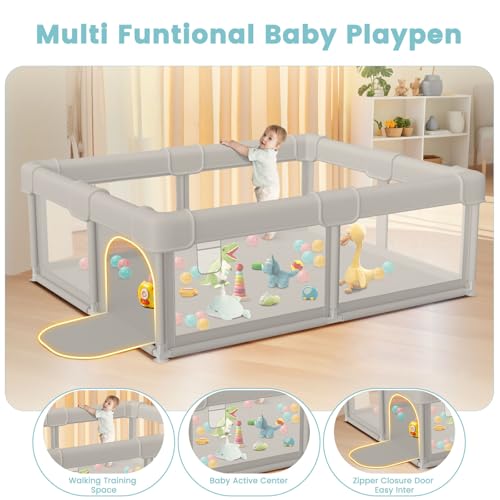 Baby Playpen 50x50x27 Inches with Gate - Grey, No Mat, Safe Indoor & Outdoor Play Area