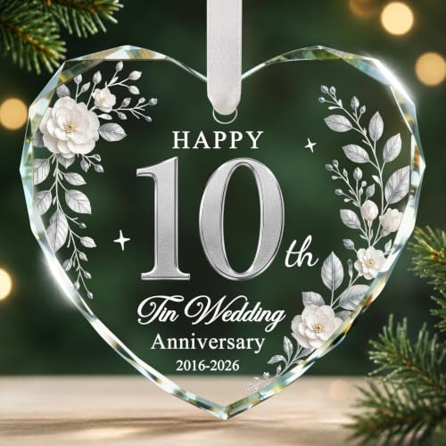 Chrifansi White 10th Anniversary Heart Glass Ornament - Wedding Keepsake 2026