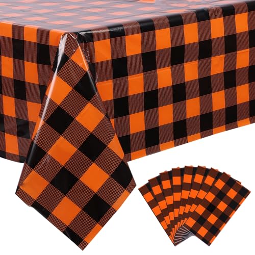 Kesfey 8 Packs Fall Orange Thanksgiving Gingham Tablecloth 54 x 108 Inches Orange and Black Buffalo Check Plaid Table Cover Backdrop Disposable Plastic Waterproof Autumn Picnic Tablecover for Camping