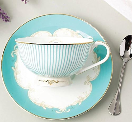 Vintage Blue Bone China Teacup & Saucer Set with Spoon - Jusalpha® FL-TCS01
