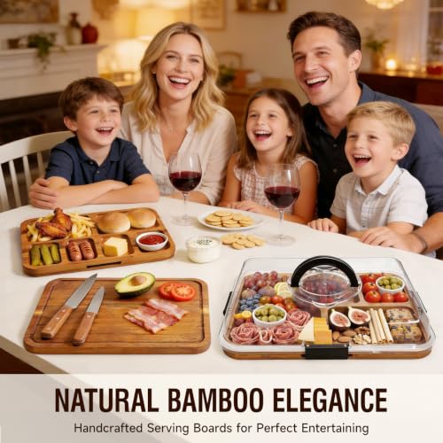 Renmxj Charcuterie Board with Lid, Carbonized Bamboo, Knives Set and