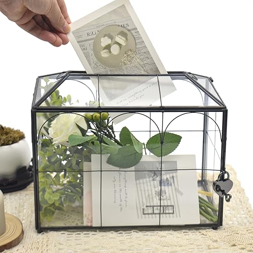 Large Black Glass Wedding Card Box with Lock and Slot - Vintage Reception Envelope Holder
