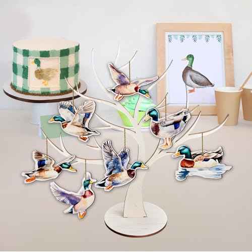 24 PCS Mallard Duck Theme Hanging Ornaments Wooden, Duck Hunting Wood Cutouts Hanging Pendant Home Ceiling Decor, Lucky Duck Birthday Baby Shower Party Christmas Tree Decorations