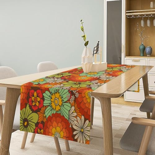 SHElifestyle W13" x L36" Orange-13 Retro Floral Table Runner – Vintage Boho Linen Look