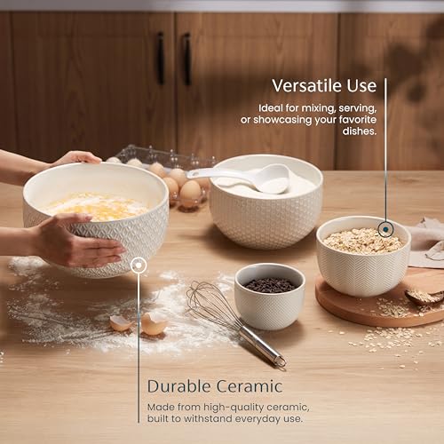 KooK Ceramic Nesting Bowls Set of 4 - Embossed Ivory Oven Safe Kitchenware