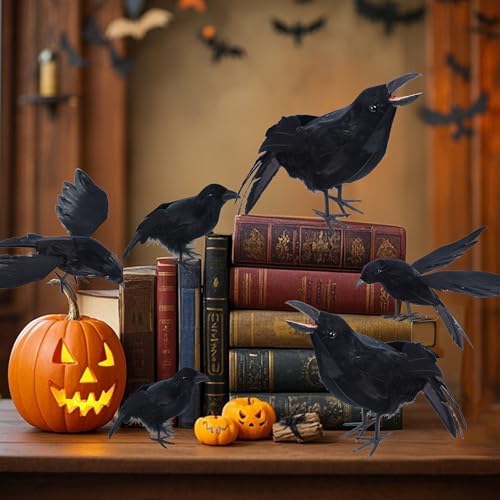 YOFIT 6 Pack Halloween Fake Crow Decorations - Realistic Black Crow Props, Style 2