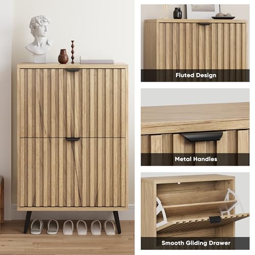 Shoe Cabinet with Flip Drawers - 23.6 Inch Natural Storage Closet with Fluted Doors - Freestanding Entryway Organizer - Variation: 23.6 in (60 cm) / Natural With Flip Drawer