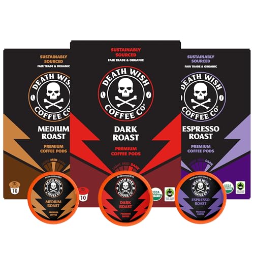 Death Wish Coffee Mixed Roast Variety Pack Pods - Organic, 10 Count Pack of 3