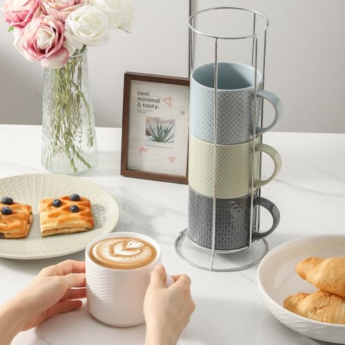 Multicolor Coffee Mug Set with Metal Stand - 15 oz Embossed Ceramic Cups for Latte Tea Cappuccino