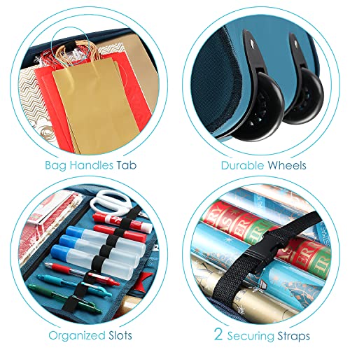 Hearth & Harbor Extra Large Blue Wrapping Paper Storage Container with Ribbons & Wheels
