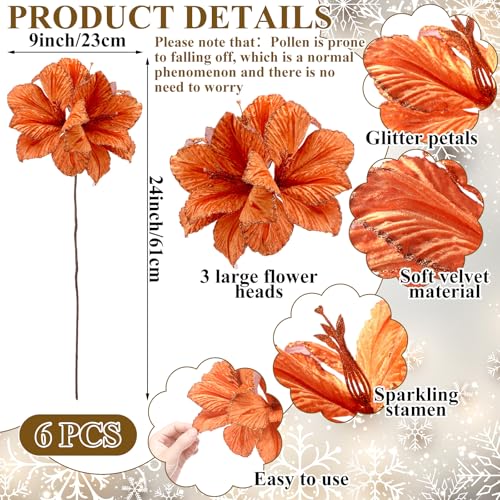 Hotop 6 Pcs Glitter Poinsettia Flowers with 3 Heads - Orange