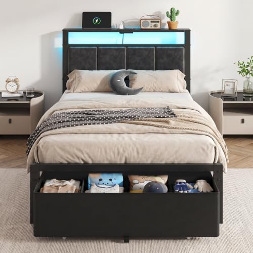 Twin Size Upholstered Bed Frame with Storage Drawers & RGB LED Headboard - Twin