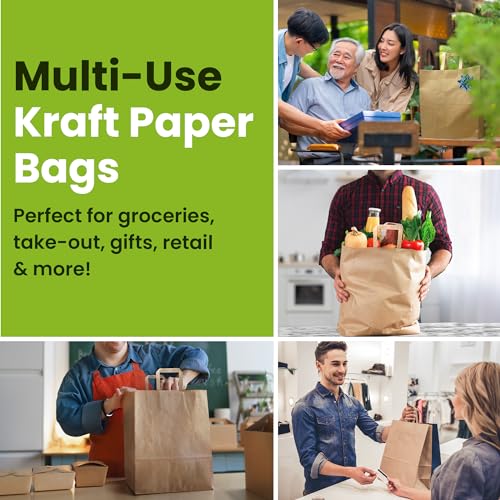 Large Kraft Paper Grocery Bags with Handles | 12x7x14 Inches, 100 Pack