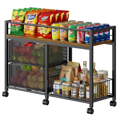 Laaoyuukee 3-Tier Rolling Snack Cart with Metal & Wooden Top for Pantry & Kitchen Storage