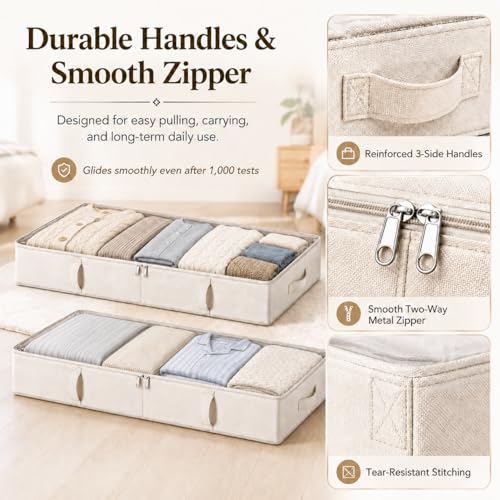 Beige Underbed Storage Container - 6 Inches Tall 60L with Handles & Clear Window - 2-Pack