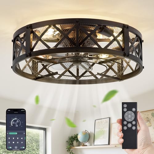20-Inch Black Caged Farmhouse Ceiling Fan with Light - Flush Mount, Remote & App Control