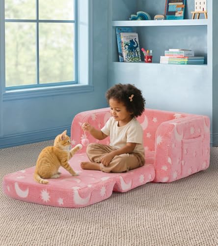 Pink Moon Kids 2-in-1 Glow-in-The-Dark Toddler Couch with Blanket & Cloud Pillow