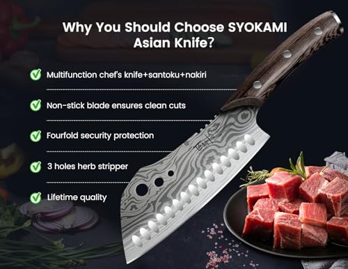 SYOKAMI 7-Inch Chef Knife with Herb Stripper - Asian Kitchen Cleaver