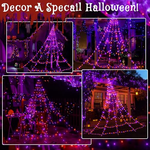 Halloween Spider Web String Lights Outdoor 454 LED Orange & Purple - 17.4FT with Remote & Timer