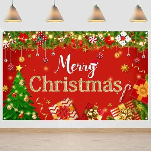 Avezano Merry Christmas Backdrop Red Merry Christmas Party Decorations Banner Merry Xmas Photography Backdrop for Winter New Year Xmas Eve Family Party Decoration Supplies (6x3.6ft)
