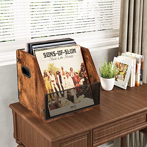 Homeiju Rustic Brown & Black Vinyl Record Storage Crate Holds 60 Records