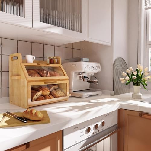 Extra Large Double Layer Bamboo Bread Box with Clear Window - Natural Farmhouse Kitchen Storage - L-Natural