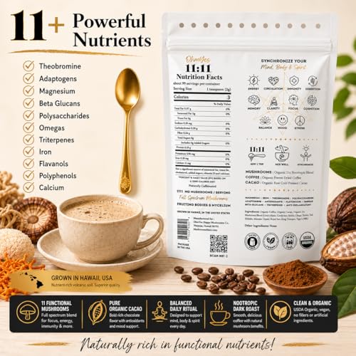 Organic Mushroom Coffee with Cacao - 11 Mushroom Blend, Instant, Unsweetened, 7oz