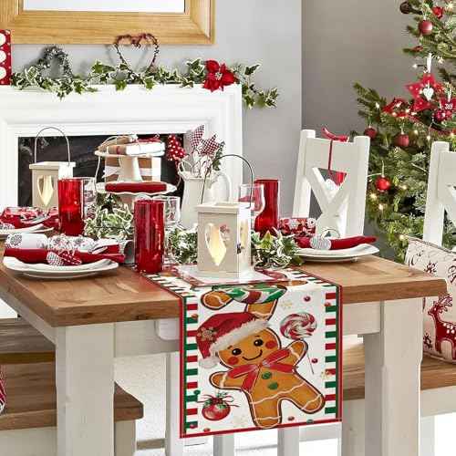 Gingerbread Candy Cane Christmas Table Runner, Christmas Runner for Table, Seasonal Winter Kitchen Dining Table Decoration for Home Party Decor 13x72 Inch