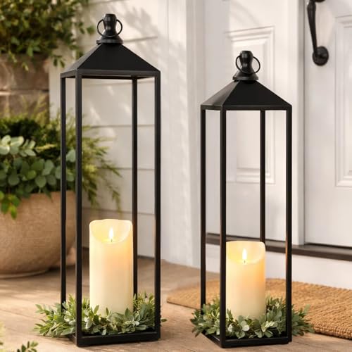 Large Outdoor Indoor Lantern Set of 2 - 22in & 19in Black Modern Top Flameless Candles