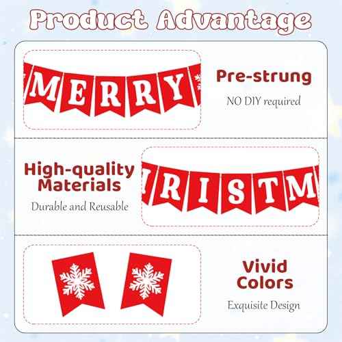 Merry Christmas Banners for Inside, Pre-Strung Fireplace Xmas Decorations, Xmas Wall Banner with Snowflake, Christmas Bunting Banner for Winter New Year Party Mantle Hanging Sign Supplies