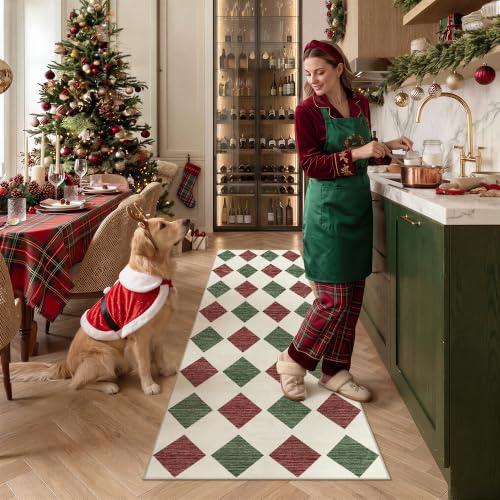 PureCozy Christmas Red Checkered Runner Rug 3x8 Holiday Hallway Carpet - Xmas Variant