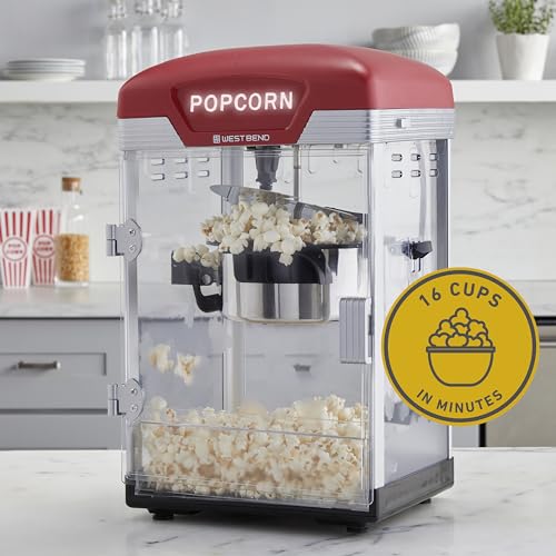 West Bend Theater Popcorn Machine 4 Qt. Red Nonstick Kettle for Movie Night