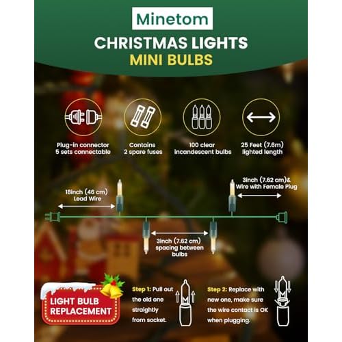 Clear Christmas String Lights 100 Count 25 Feet Incandescent Bulb Mini Lights for Indoor Xmas Tree Garland Birthday Wedding Party Festival Decoration, Green Wire