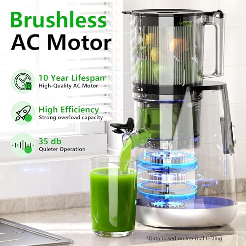 Cold Press Juicer Machine with 6-Inch Wide Feed Chute - Silver - Powerful Brushless Motor, Self-Precut System, BPA-Free Parts, Extra Strainer