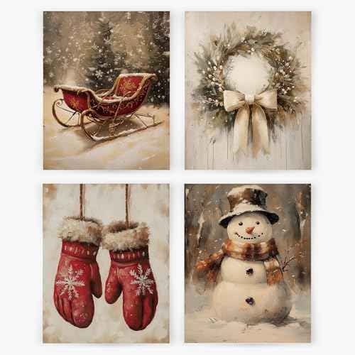 YQDEJ Christmas Wall Decor, Vintage Christmas Snowman Wreath Xmas Wall Art Prints Set of 4, Vintage Christmas Decor, Farmhouse Christmas Decor, Christmas Wall Decor for Home, 8x10 Inches Unframed