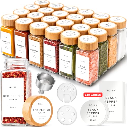 Glass Spice Jars with Bamboo Lids and White Labels - 24 Pack