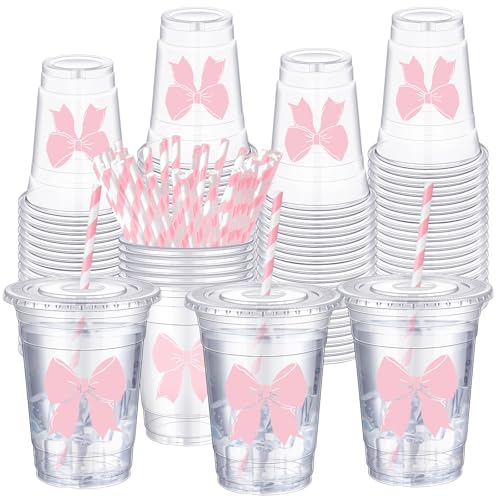 Sliner 16oz Pink Bow Plastic Cups with Straw - Pack of 25, Coquette Style