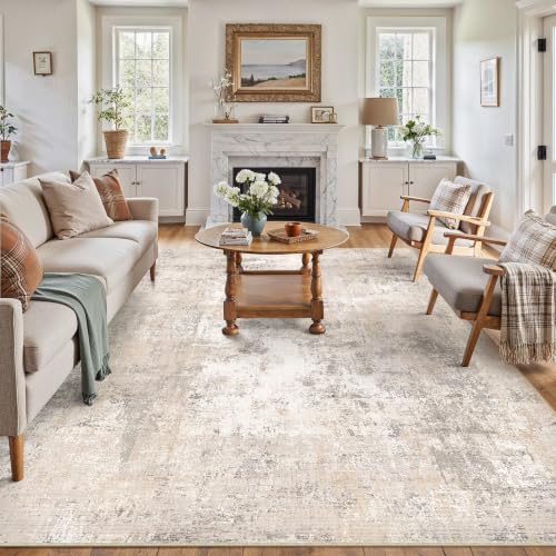 Beige Grey Abstract Area Rug 8x10 Low Pile Non-Slip Modern Home Decor