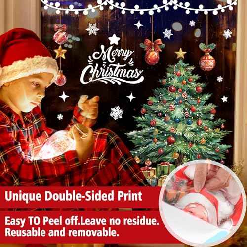 174PCS Christmas Window Clings Decorations Cute Large Christmas Tree Stickers Santa Claus Xmas Fall Window Snowflake Decal for Holiday Party Office (6 Sheets