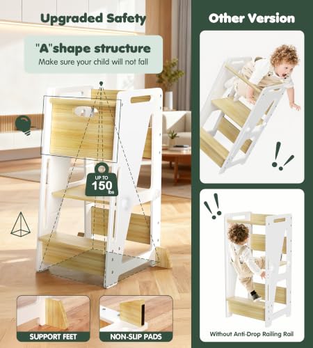 White Toddler Kitchen Helper Stool - Adjustable 3-Level Wooden Learning Step for Kids