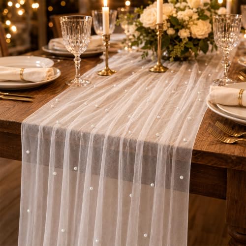 4 Pcs Pearl White Tulle Table Runners 29x72in for Weddings - APUDWN