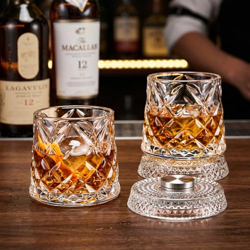 4PCS Spinning Whiskey Glass Set 9.5oz Lead-Free Crystal with LED Bases & Ice Molds