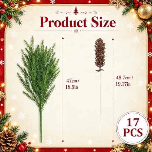 12Pcs Artificial Norfolk Pine Branches with Pinecones Holiday Decor